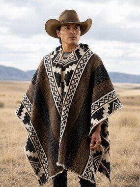 Handwoven Unisex Native American Hooded Wool Poncho - 100% Wool Pullover Coat